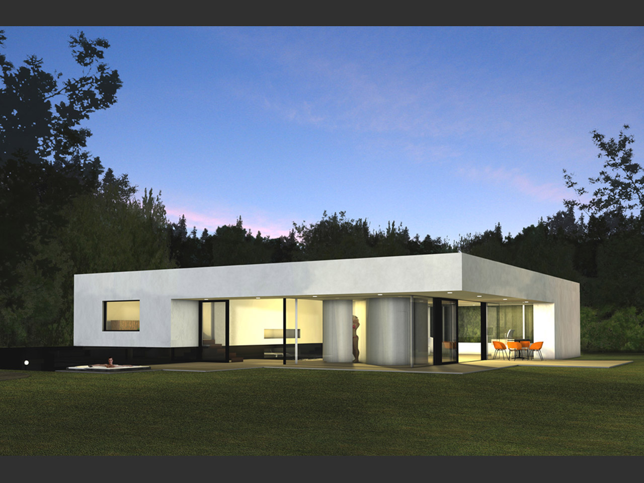 The circular wellness area (sauna and douche) forms a transition between the living area and the swimming pool