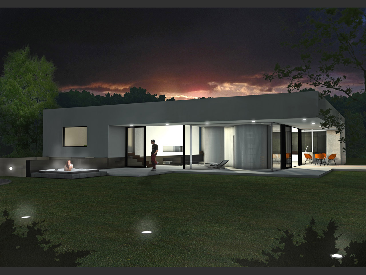 The circular wellness area (sauna and douche) forms a transition between the living area and the swimming pool