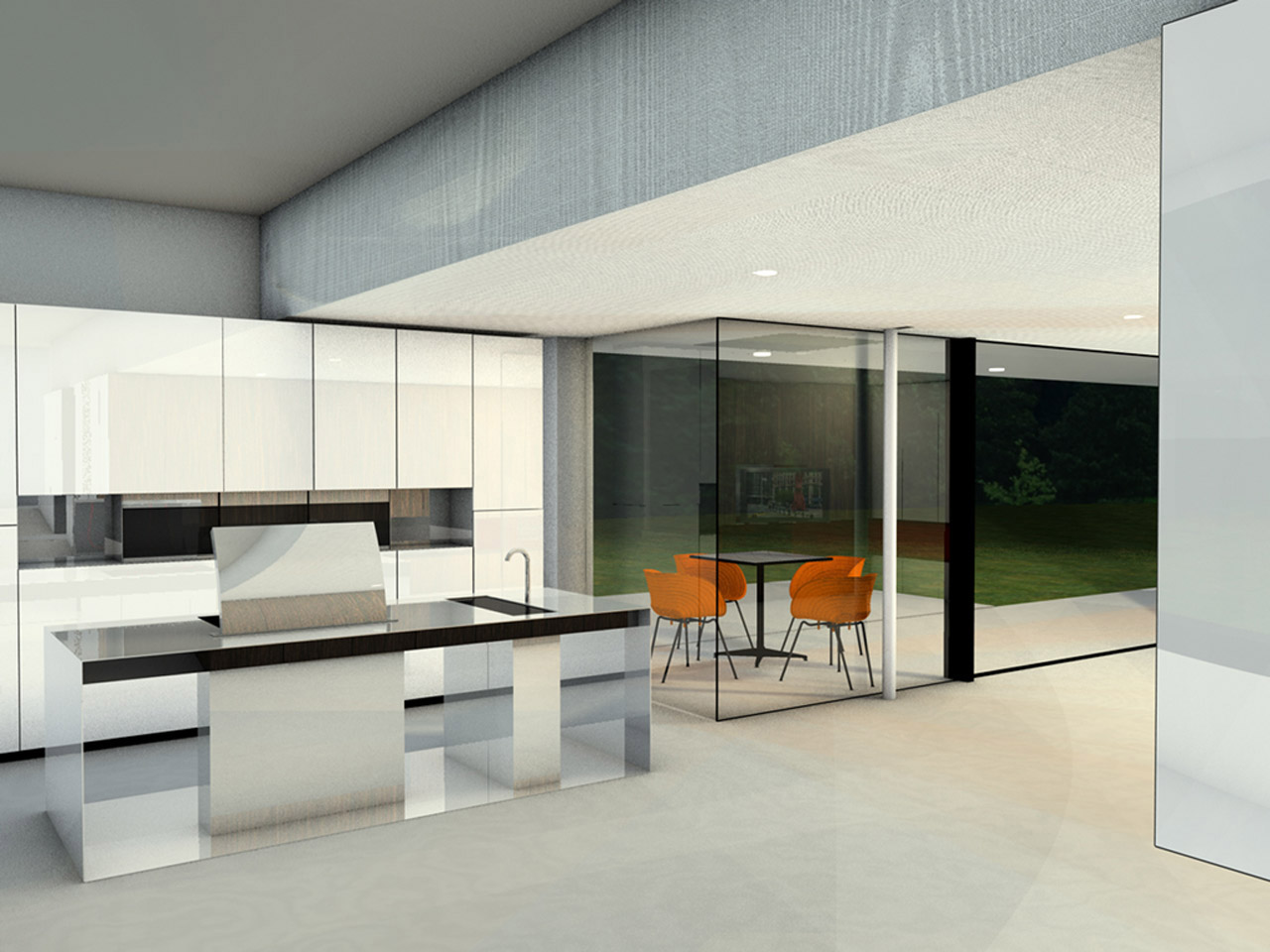 The design for the open-plan kitchen with cooking island, made entirely of stainless steel