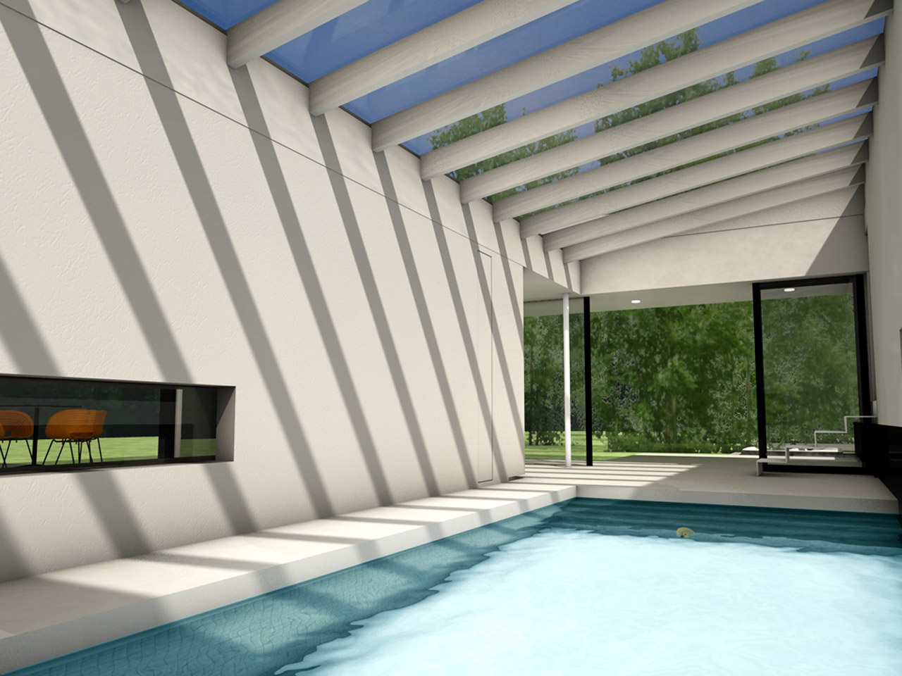 The glass-roofed swimming pool in the centre of the house