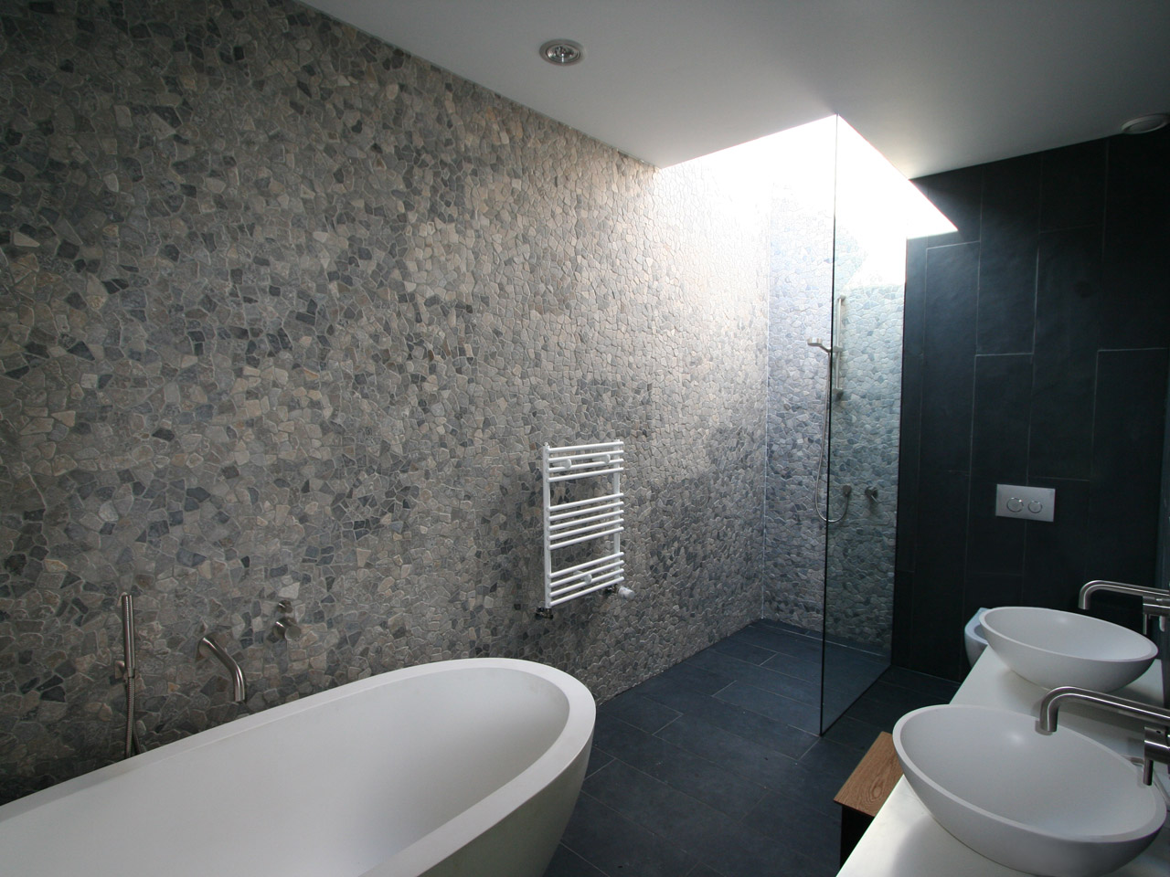 Bathroom with a natural ambience and sky light Bathroom with a natural ambience and sky light